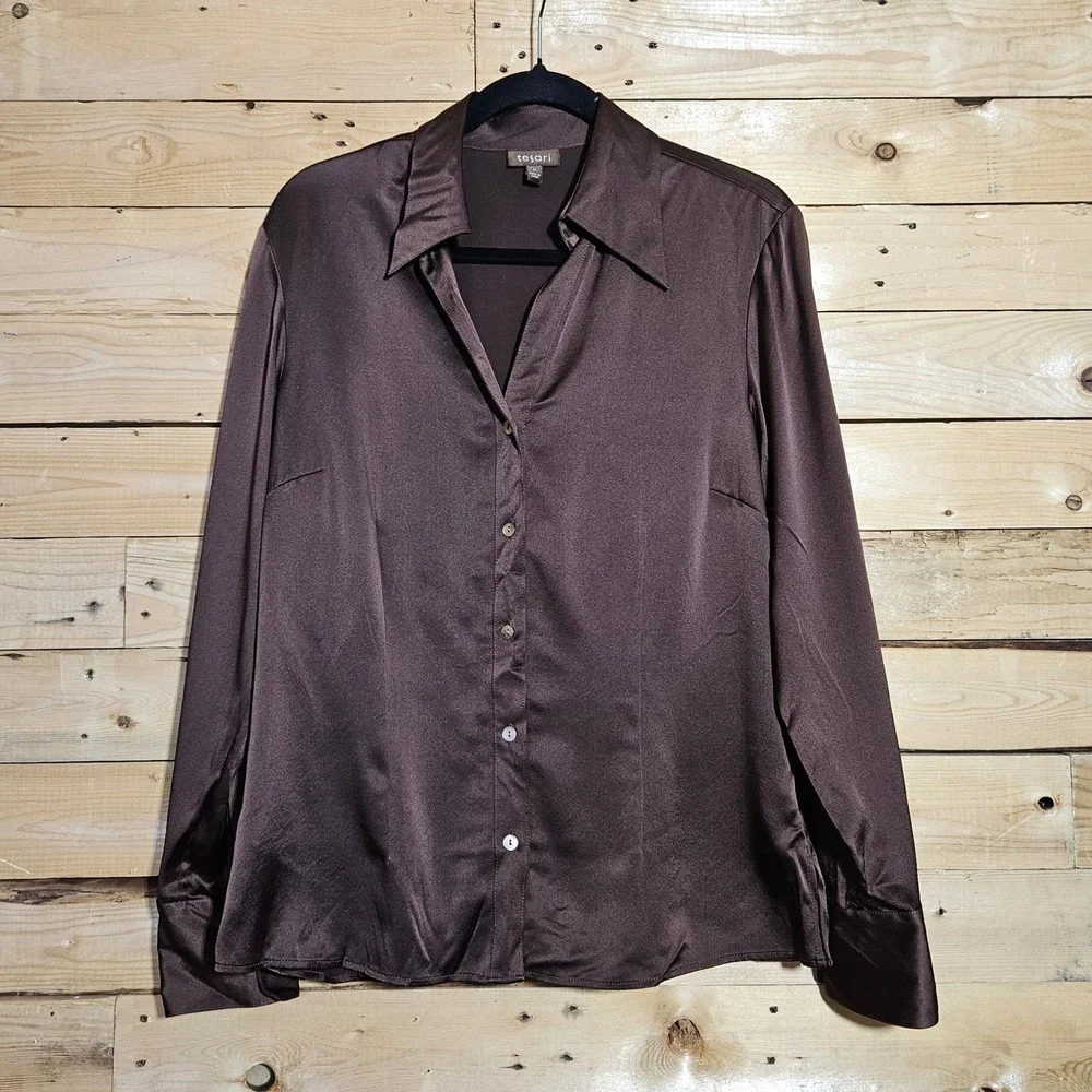 Tesori Womens Chocolate Brown 100% Silk Satin Button Down Blouse Long Sleeve M